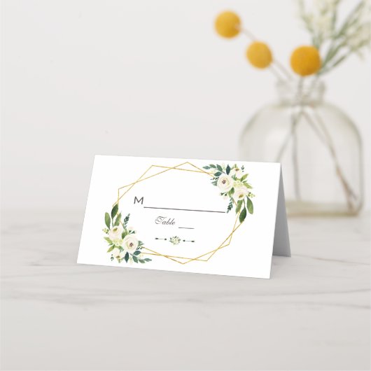 白エレガント緑のフローラ金ゴールドフレームテーブル番号 プレイスカード (正面)