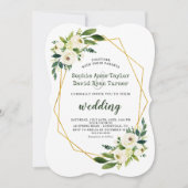 白エレガント緑のフローラ金ゴールドフレ結婚ーム 招待状 (正面)