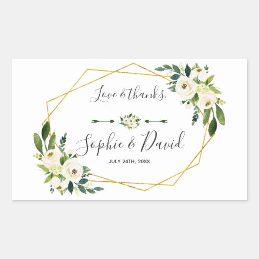 白エレガント緑のフローラ金ゴールドフレ結婚ーム 長方形シール (正面)