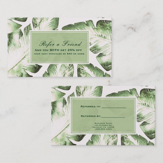 白エレガント緑の熱帯離れの人が友人を参照 紹介カード (正面/裏面)