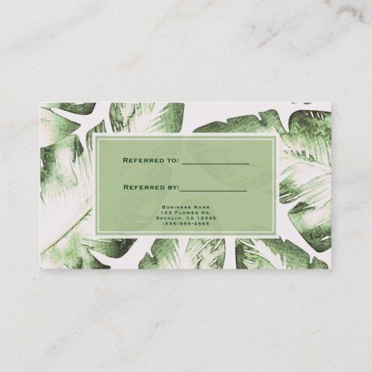 白エレガント緑の熱帯離れの人が友人を参照 紹介カード (裏面)