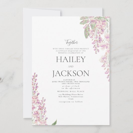 白エレガント緑ピンクのヒヤシンス結婚フローラ 招待状 (正面)
