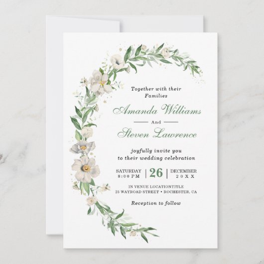 白エレガント緑ヴィンテージ結婚フローラ 招待状 (正面)