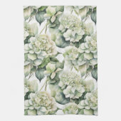 白エレガント緑水彩フローラ キッチンタオル (縦)