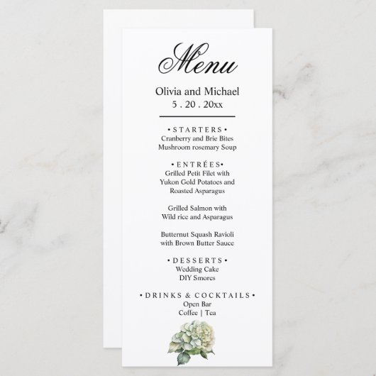 白エレガント緑水彩フローラ メニュー (正面/裏面)