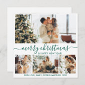 白エレガント緑4フォトコラージクリスマス シーズンカード (正面/裏面)