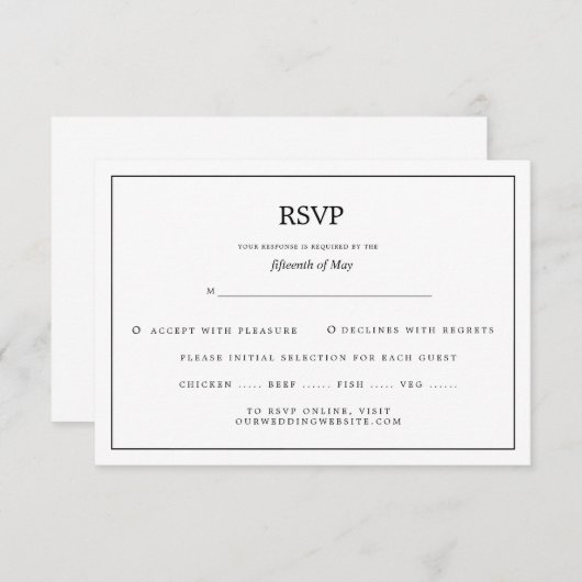 白エレガント縁ど婚式RSVP エンクロージャーカード (正面/裏面)