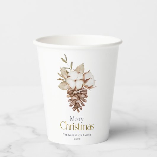 白エレガント背景コットン&ピネコン 紙コップ (正面)