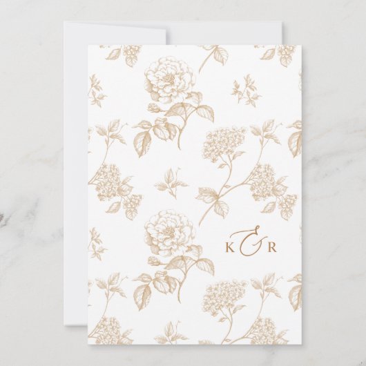 白エレガント色および金ゴールドヴィンテージフローラ結婚の 招待状 (裏面)