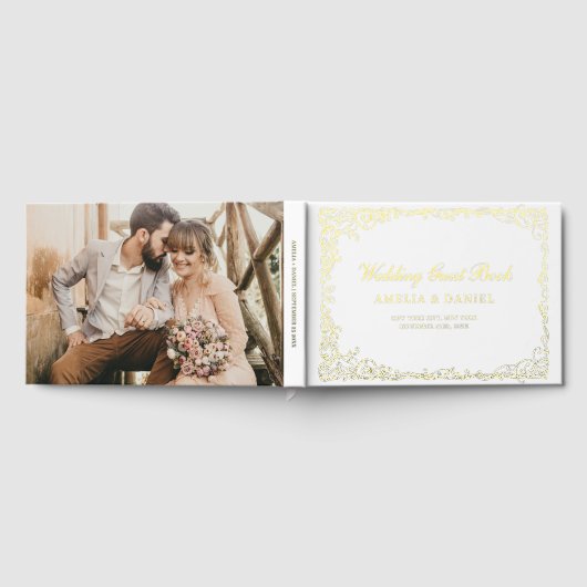 白エレガント色および金ゴールドヴィンテージフローラ ゲストブック (全面)