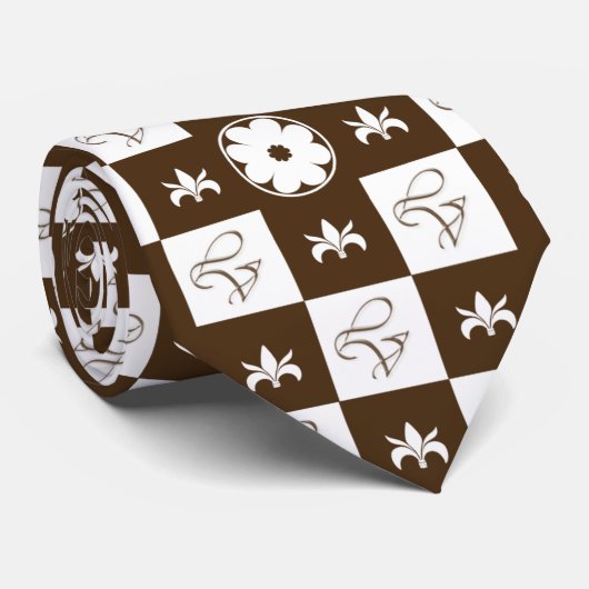 白エレガント色と茶色のパタ市松模様にーン ネクタイ (ロール)