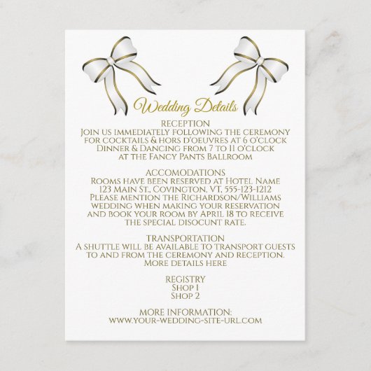 白エレガント色と金ゴールドリボ結婚ンの詳細 エンクロージャーカード (正面)