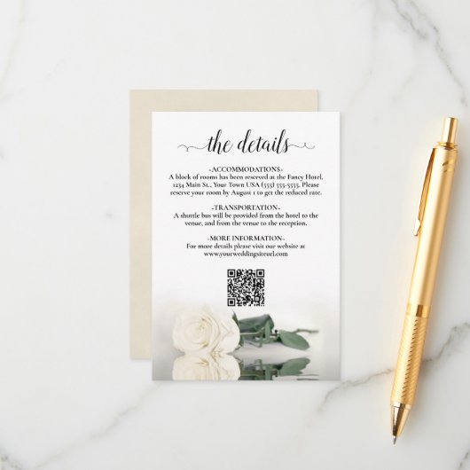 白エレガント色の結婚詳細QRコード エンクロージャーカード (正面/裏面インサイチュ)