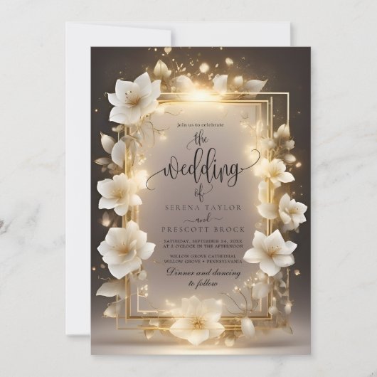 白エレガント色の花と光結婚の 招待状 (正面)