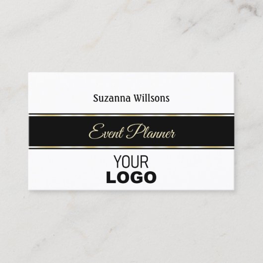 白エレガント色の黒と金ゴールドとロストライプゴ 名刺 (正面)