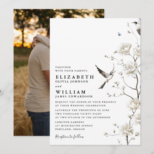 白エレガント色Chinoiserieフローラ結婚の写真 招待状 (正面/裏面)