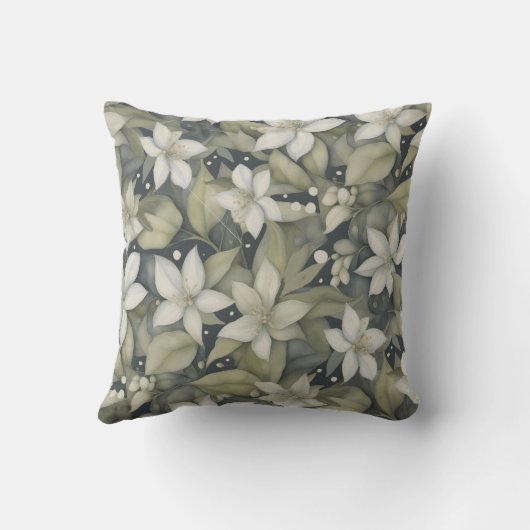 白エレガント花とセージ葉の灰色 クッション (裏面)