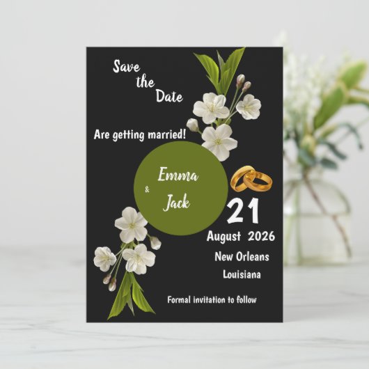 白エレガント花の枝の日付フローラを保存 セーブザデート (スタンド正面)