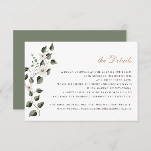 白エレガント花ツタの結婚詳細 招待状 (正面/裏面)