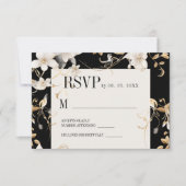 白エレガント花デザインオンブラック結婚ズ 出欠カード (正面)