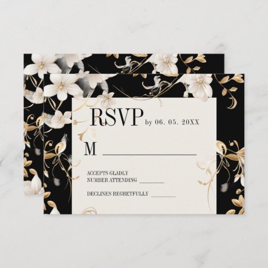 白エレガント花デザインオンブラック結婚ズ 出欠カード (正面/裏面)