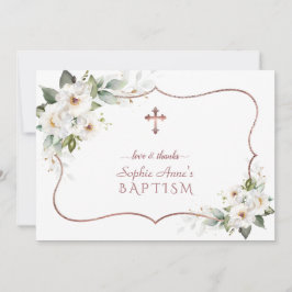 白エレガント花バラ金ゴールドフレームバプテスマ サンキューカード