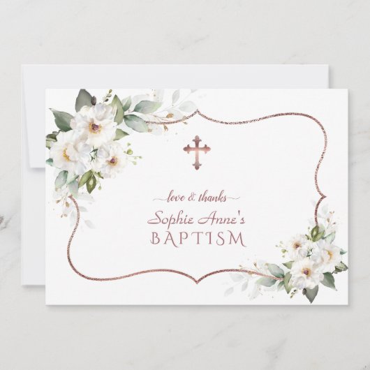 白エレガント花バラ金ゴールドフレームバプテスマ サンキューカード (正面)