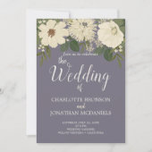 白エレガント花パープルグレイ結婚ズ 招待状 (正面)