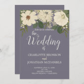 白エレガント花パープルグレイ結婚ズ 招待状 (正面/裏面)