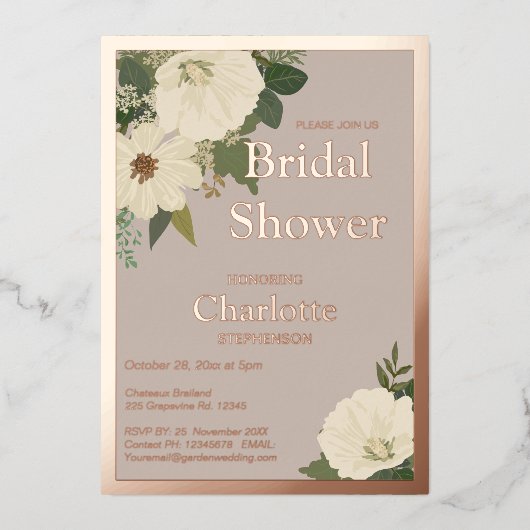 白エレガント花ブライダルシャワーニュートラルと 箔招待状 (正面)