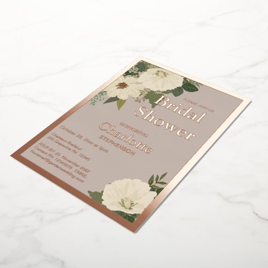 白エレガント花ブライダルシャワーニュートラルと 箔招待状 (回転した状態)