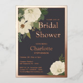 白エレガント花ブライダルシャワー炭 箔招待状 (正面)