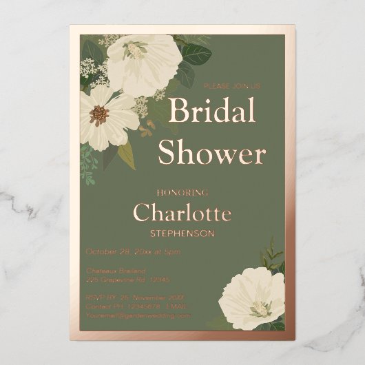 白エレガント花ブライダルシャワー緑 箔招待状 (正面)