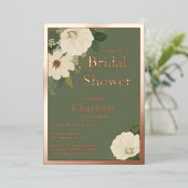 白エレガント花ブライダルシャワー緑 箔招待状 (立ち正面)