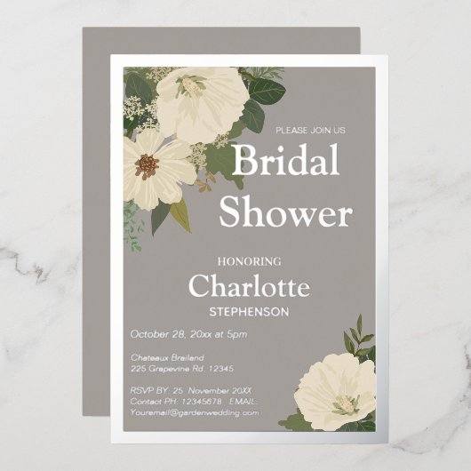 白エレガント花ブライダルシャワーNeutralおよびF 箔招待状 (正面/裏面)