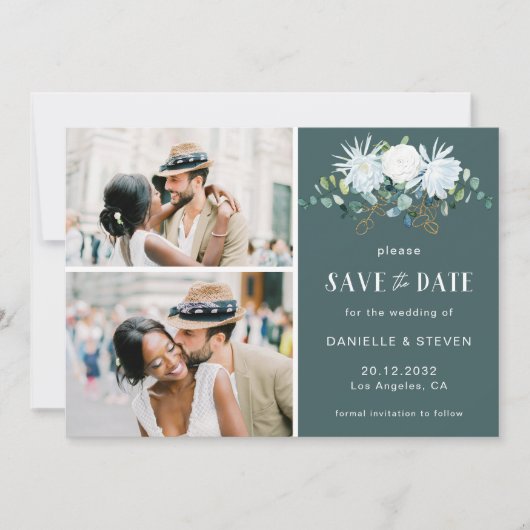 白エレガント花ユーカリ2枚結婚写真 セーブザデート (正面)