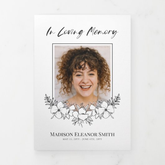 白エレガント花写真葬式 三つ折りプログラム (カバー)