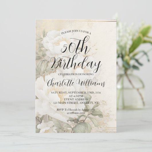 白エレガント花女子50誕生日 招待状 (スタンド正面)