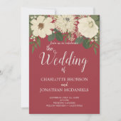 白エレガント花深い赤結婚色 招待状 (正面)