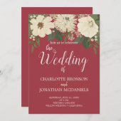 白エレガント花深い赤結婚色 招待状 (正面/裏面)