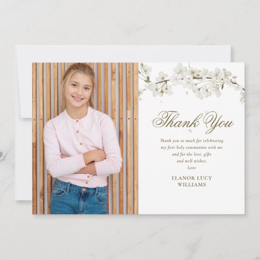 白エレガント花第1聖餐式の写真 サンキューカード (正面)