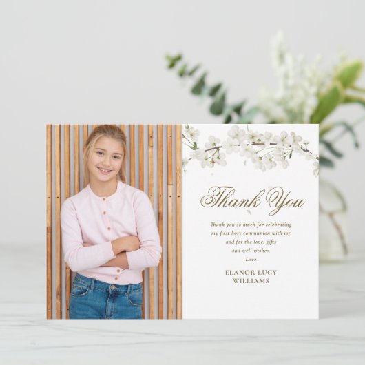 白エレガント花第1聖餐式の写真 サンキューカード (スタンド正面)