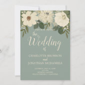 白エレガント花緑のセージ結婚ズ 招待状 (正面)