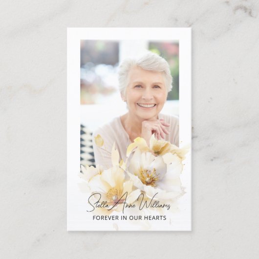 白エレガント花記念祈りの言葉フォトカード 名刺 (正面)