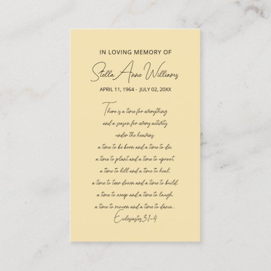 白エレガント花記念祈りの言葉フォトカード 名刺 (裏面)