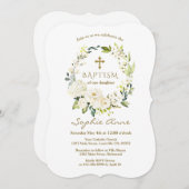 白エレガント花金ゴールドクロスバプテスマ 招待状 (正面/裏面)