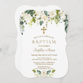 白エレガント花金ゴールドクロスバプテスマ 招待状 (正面/裏面)