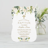 白エレガント花金ゴールドクロスバプテスマ 招待状 (スタンド正面)