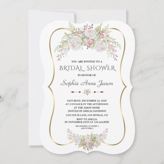 白エレガント花金ゴールドネイビーブライダルシャワー 招待状 (正面)