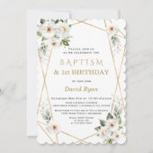 白エレガント花金ゴールドバプテスマ1歳 招待状 (正面)